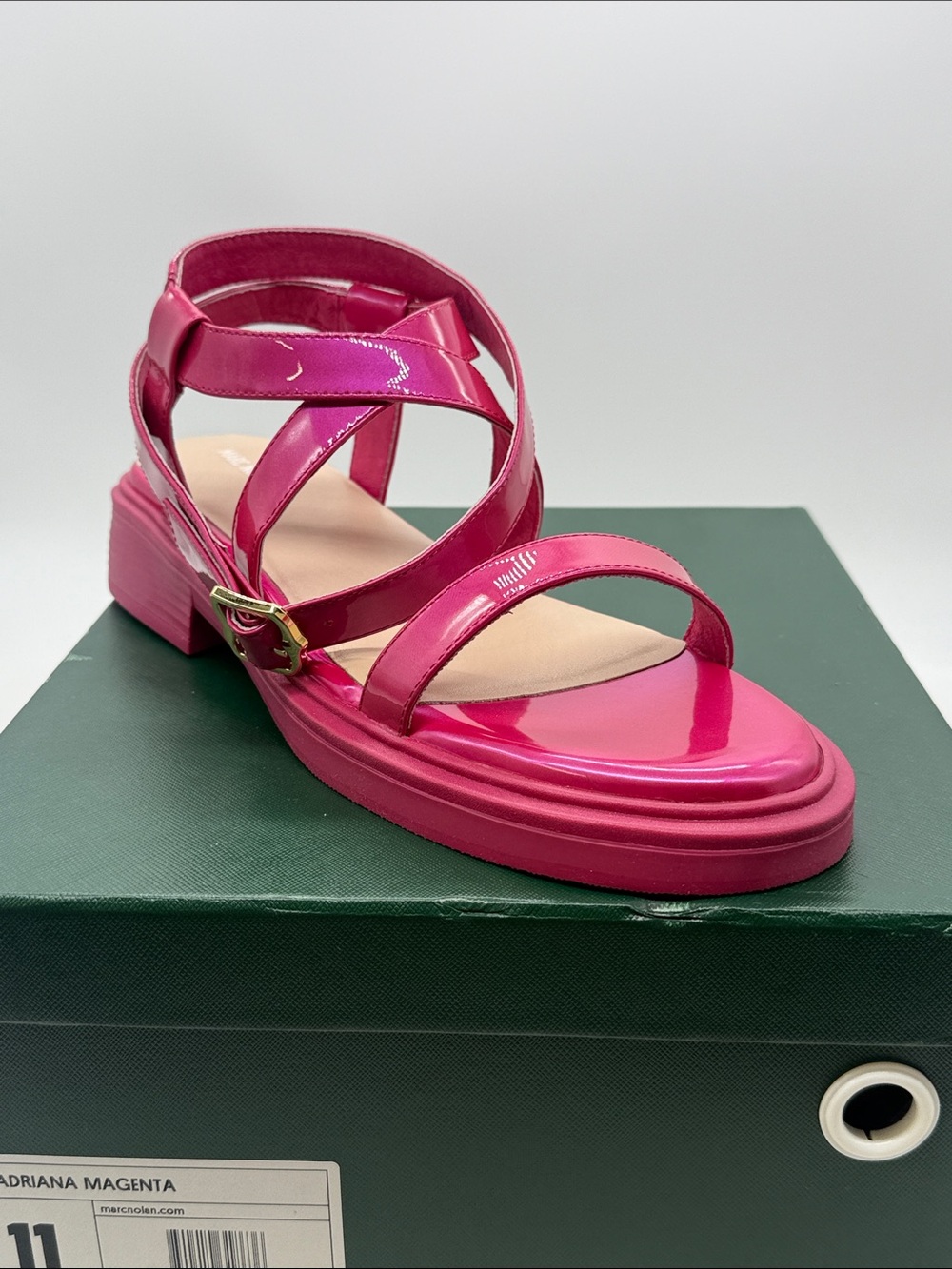 Marc Nolan Patent Magenta Strappy Low Block Heel Sandals